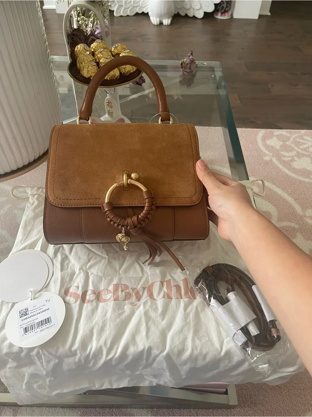 NWT See By Chloé Brown Suede & Leather Top-Handle Satchel with Braided Ring